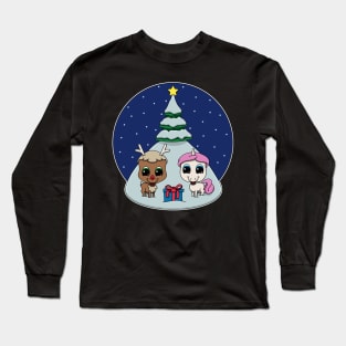 Cute Unicorn Reindeer Under The Christmas Tree For Kids Long Sleeve T-Shirt